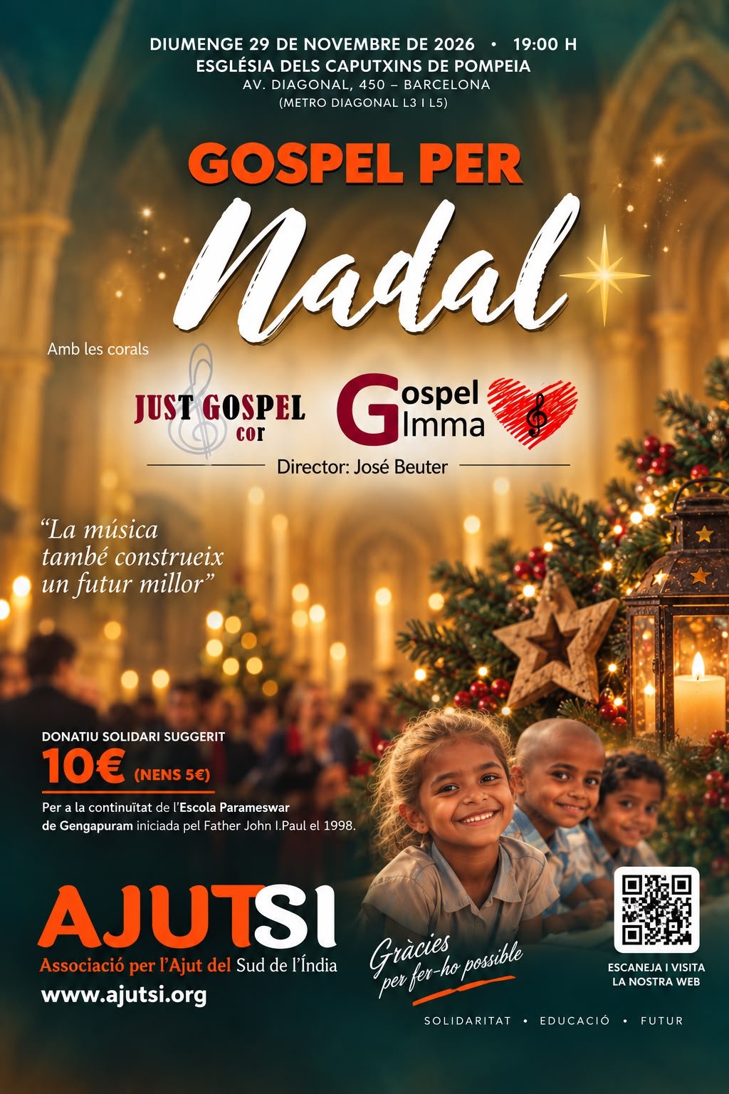 Cartell del concert Gospel per Nadal 2026 d'AJUTSI, 29 de novembre a l'Església dels Caputxins de Pompeia